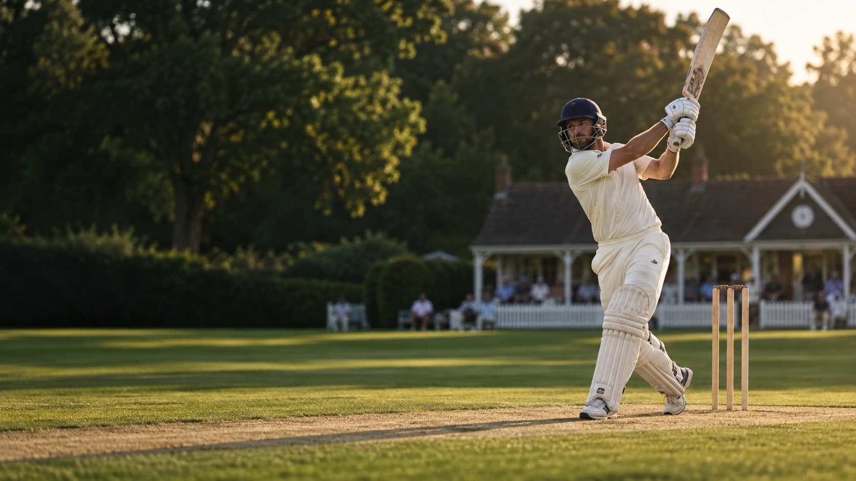 Cricket batter playing a shot on a sunlit club ground